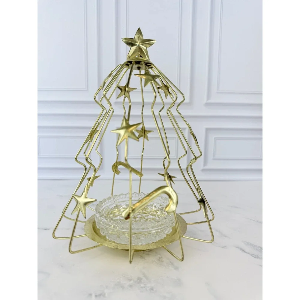 VTG‎ Brass Christmas Tree Candle Holder with Cut Crystal Insert 9 1/2